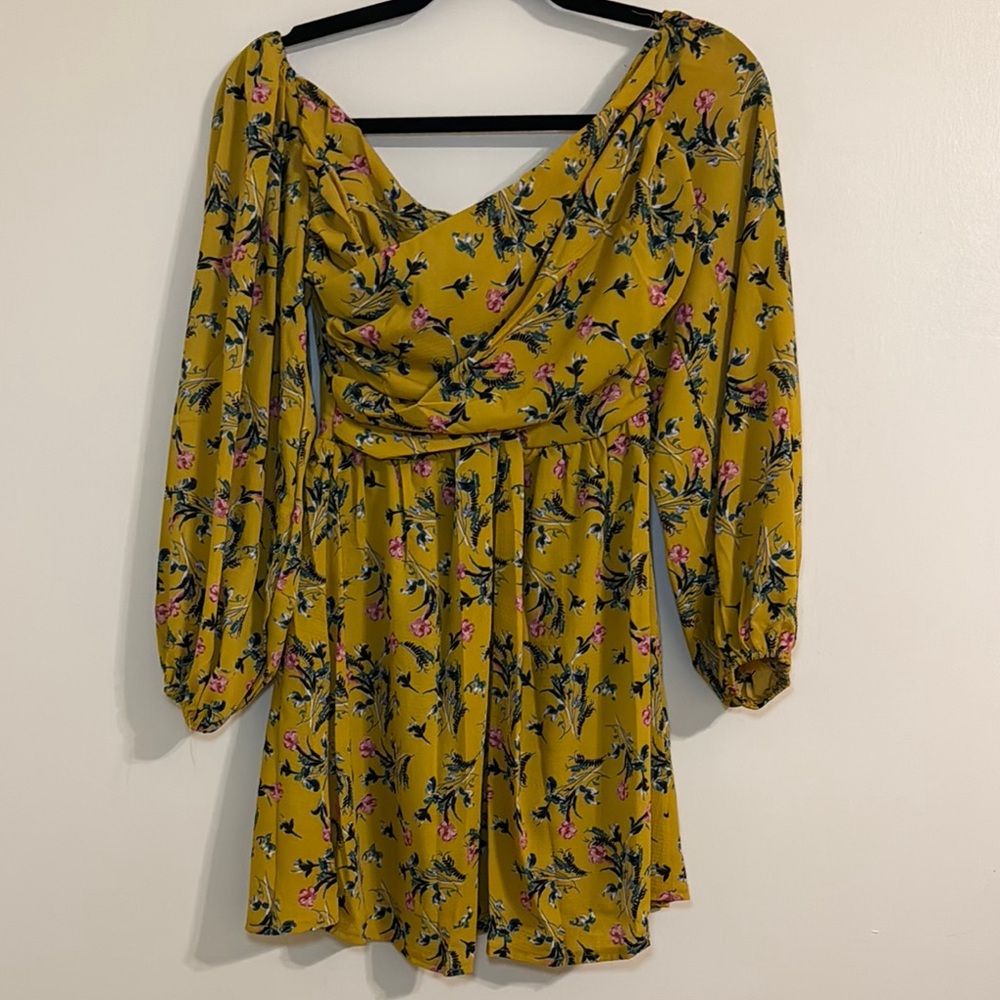 PLT Mustard Floral Balloon Sleeve Swing Dress